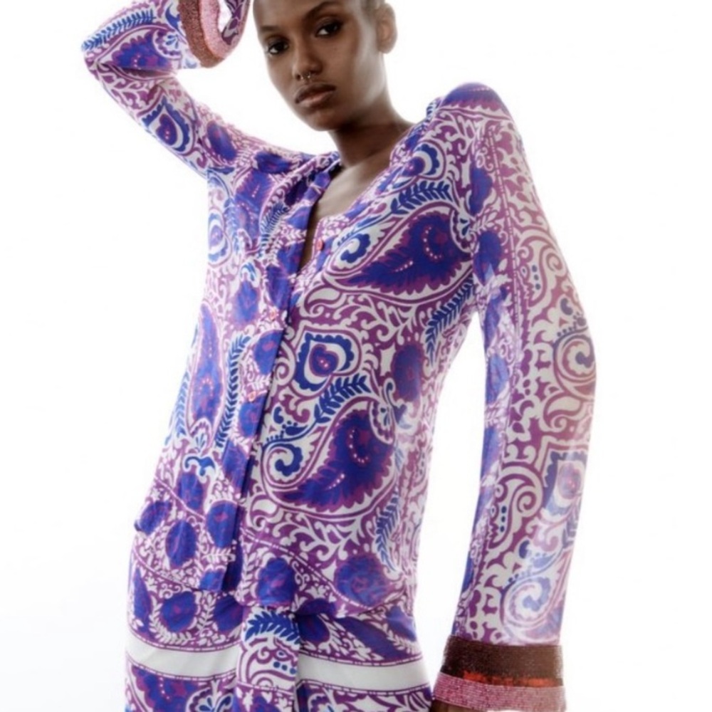 Zara Purple Paisley Printed Blouse with Beaded Sleeves